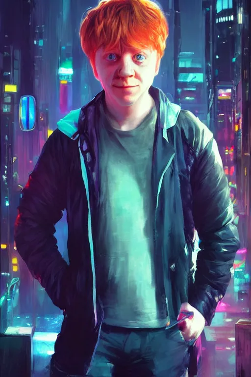 Image similar to portrait of Rupert Grint as Ron Wisly in cyberpunk, neon lighting, night city, digital art from artstation by Ruan Jia and Mandy Jurgens and Artgerm and william-adolphe bouguereau and Greg Rutkowski