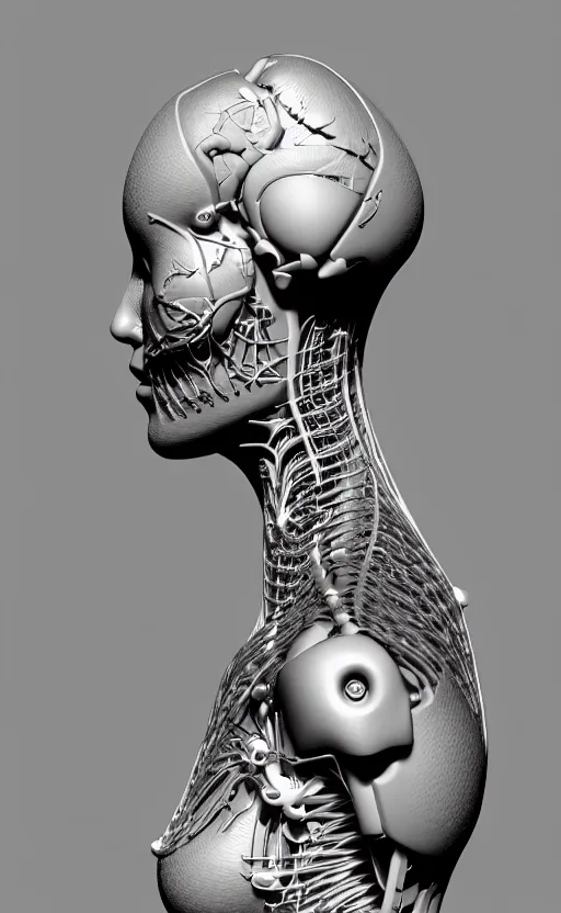 Image similar to 3D render of a beautiful profile face portrait of a female cyborg, 150 mm, flowers, Mandelbrot fractal, anatomical, flesh, facial muscles, wires, microchip, veins, arteries, full frame, microscopic, elegant, highly detailed, flesh ornate, elegant, high fashion, rim light, octane render in the style of H.R. Giger