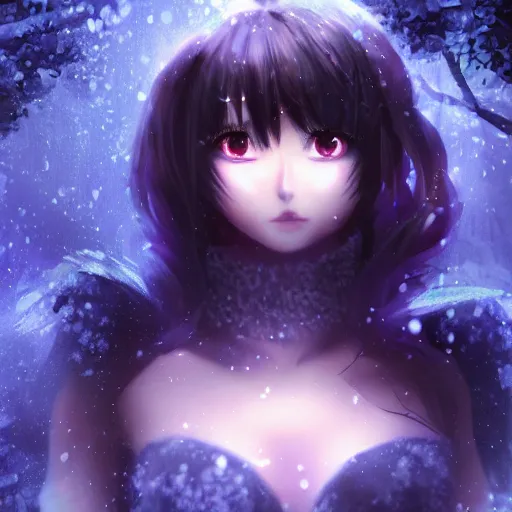 Prompt: focus face portrait of beautiful darkness knight 3D anime girl, ice amor wearing, dark forest background, snowing, bokeh, inspired by Masami Kurumada, digital painting, high contrast, unreal engine render, volumetric lighting, high détail