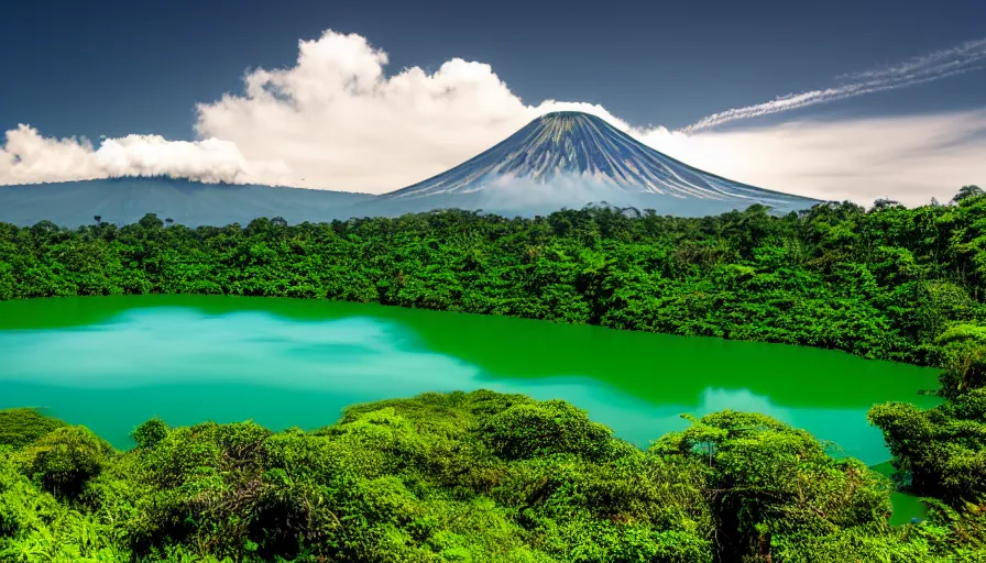 Image similar to a beautiful green scene, guatemalan lake full of water, volcano in background, high definition, beautiful award winning photography, 8 k.