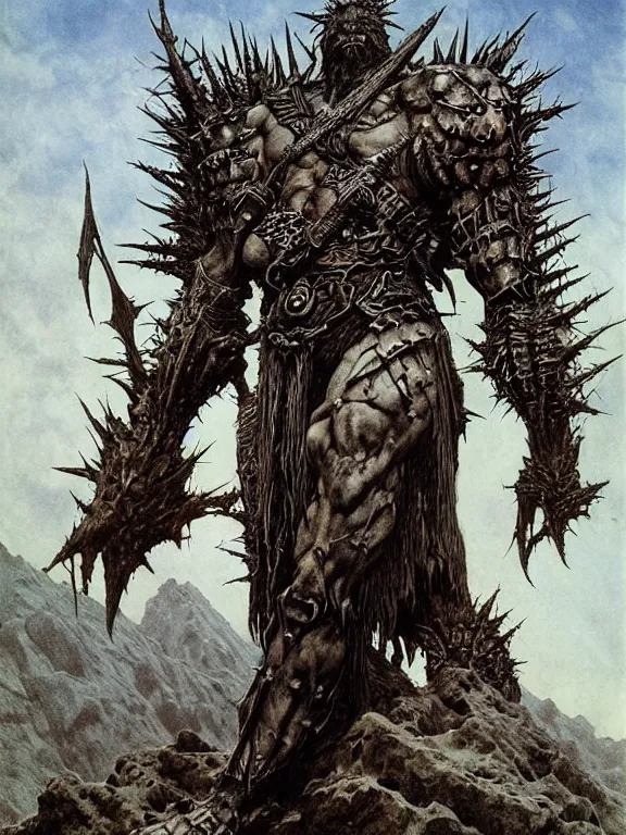 Image similar to A powerful large orc with pale skin covered in scars stands near the mountains, wearing spiky complex detailed armor without a helmet. Extremely high detail, realistic, fantasy art, scars, solo, masterpiece, saturated colors, art by Zdzisław Beksiński, Arthur Rackham