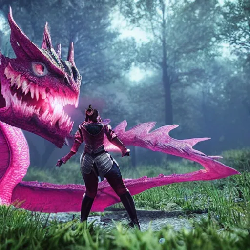 Image similar to a girl dressed in a pink knight armor fights a huge red dragon in the deep forest, highly detailed, intrusion atmosphere, unreal engine