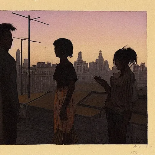 Image similar to a small rooftop with a couple of modern teenagers, standing and talking to each other, highly detailed, wearing black modern clothes, modern shanghai bund is on the background, dust, sunset, by gregory crewdson, carlos schwabe