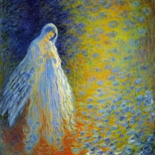 Prompt: knifework reveals angelic reality, painting by claude monet