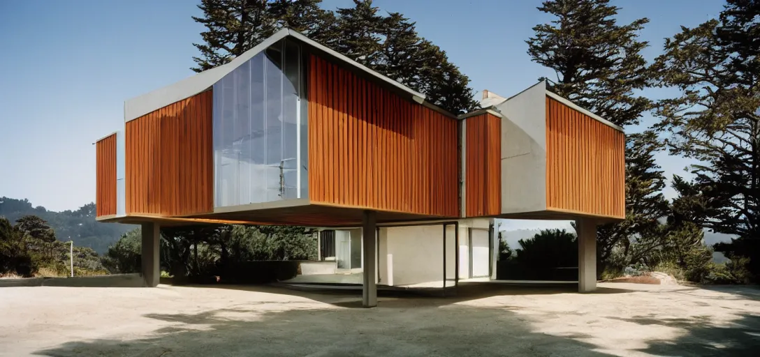 Image similar to new house designed by rem koolhaas. monterey, ca in 2 0 2 2. fujinon premista 1 9 - 4 5 mm t 2. 9. portra 8 0 0.