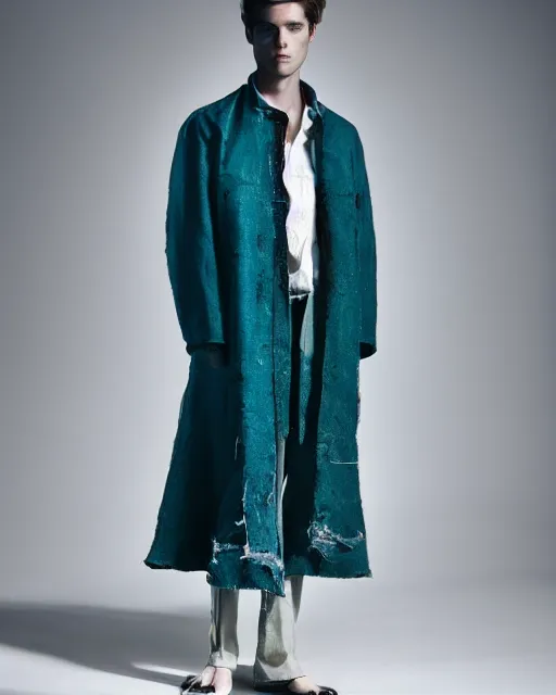 Prompt: an award - winning photo of a male model wearing a baggy teal distressed medieval menswear short coat by issey miyake, 4 k, studio lighting, wide angle lens