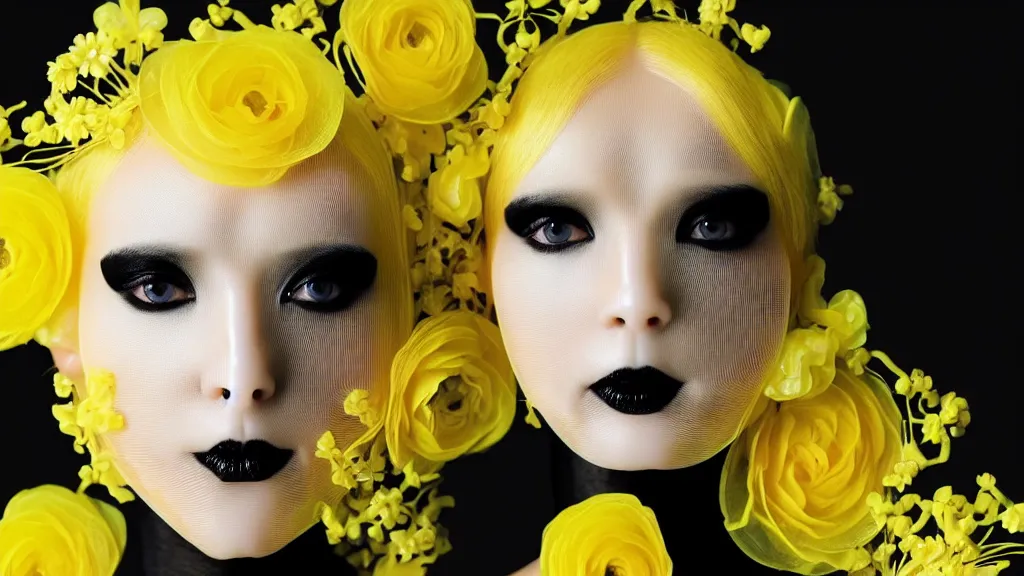 Image similar to symmetrical close - up portrait of a woman wearing a translucent silicone beauty mask and yellow hair, wearing a black bodysuit by alexander mcqueen, plastic translucent flowers, black background, soft diffused light, biotechnology, humanoide robot, bjork aesthetic, translucent, intricate details, highly detailed, masterpiece,