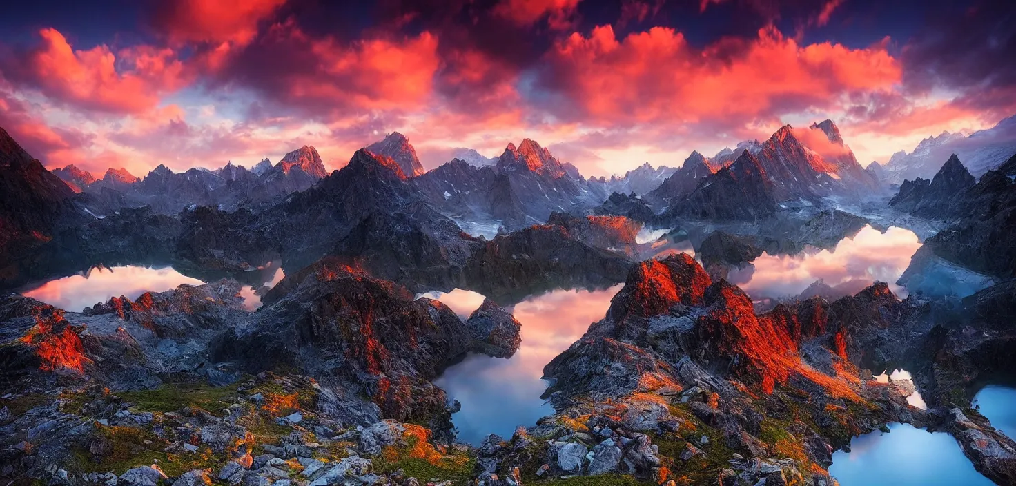 Image similar to amazing landscape photo of mountains with lake in sunset by marc adamus, beautiful dramatic lighting