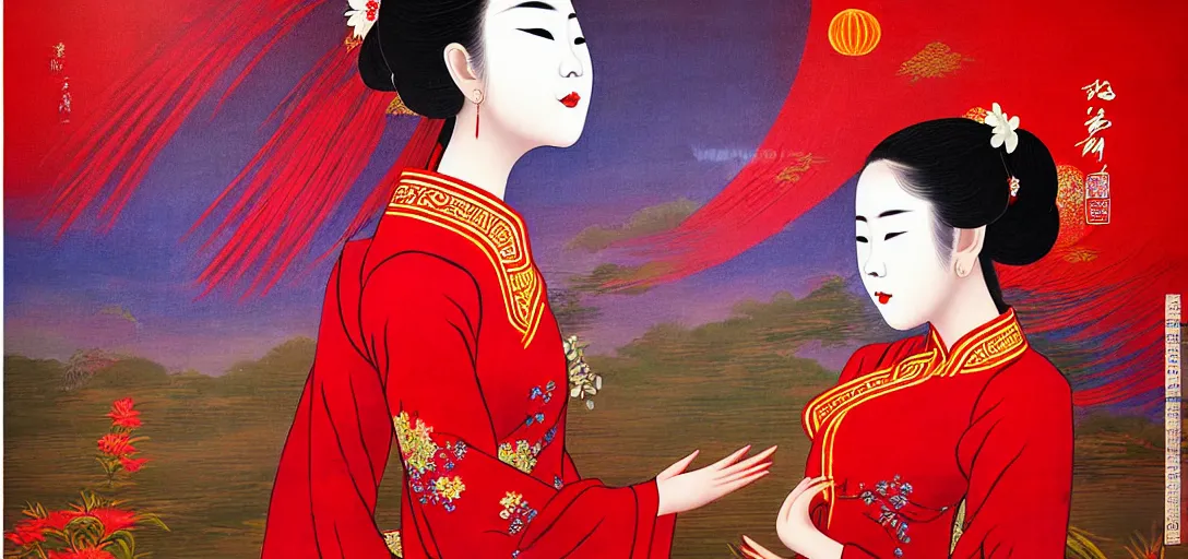 Image similar to vietnamese female with white cloth mask wearing traditional red ao dai, full moon on the sky, a ultra detailed beautiful panting by le pho