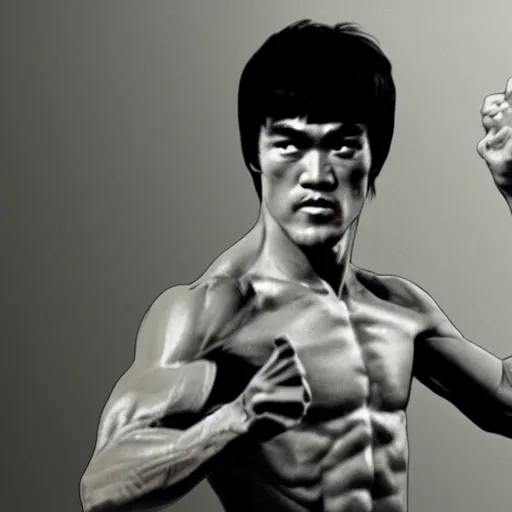 Image similar to Bruce Lee doing a kick in front of a lightning striking in the background,HD, high resolution, hyper realistic, 4k, intricate detail