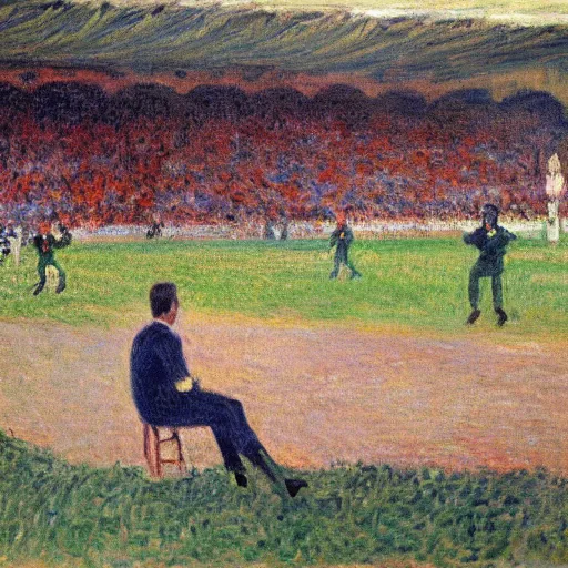 Image similar to monet painting of a man watching a soccer game, he is laughing deliriously, highly detailed, realistic,