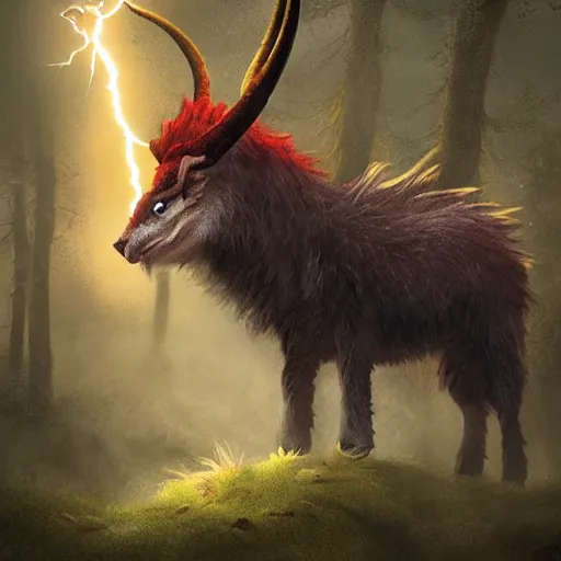 Prompt: creature fluffy animal with horns and short legs and arms and red eyes, red eyes, forest scene, highly detailed, cinematic lightning, epic fantasy style art