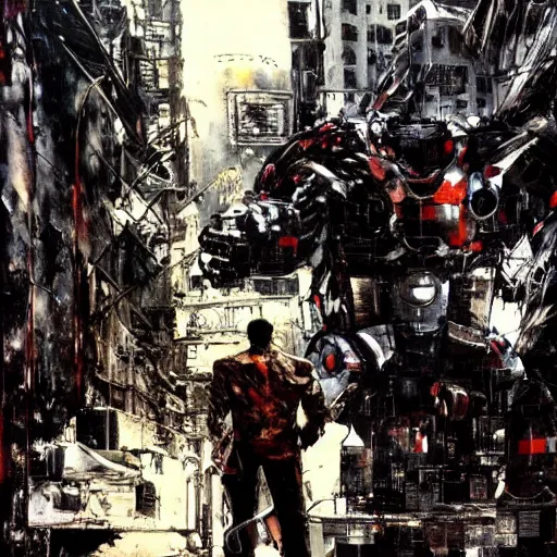 Image similar to a full-metal robot walks around the devastated downtown of Santiago of Chile, oil on canvas by Yoji Shinkawa and Dave McKean