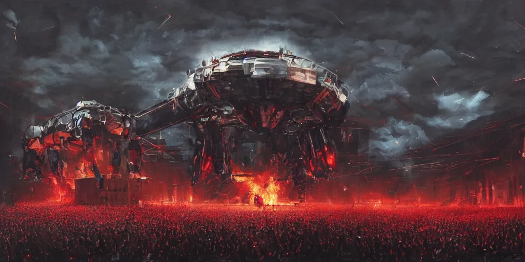 Image similar to concept art, of a [ rage against the machine ] band memebers!!! concert!!! humans fighting with robots!!, detailed, close shot, dark concept art, dark skies painting by wlop, nixeu and greg rutkowski, beautiful, semirealism, artstation, octane render, oil painting, sharpness, 8 k, golden ratio