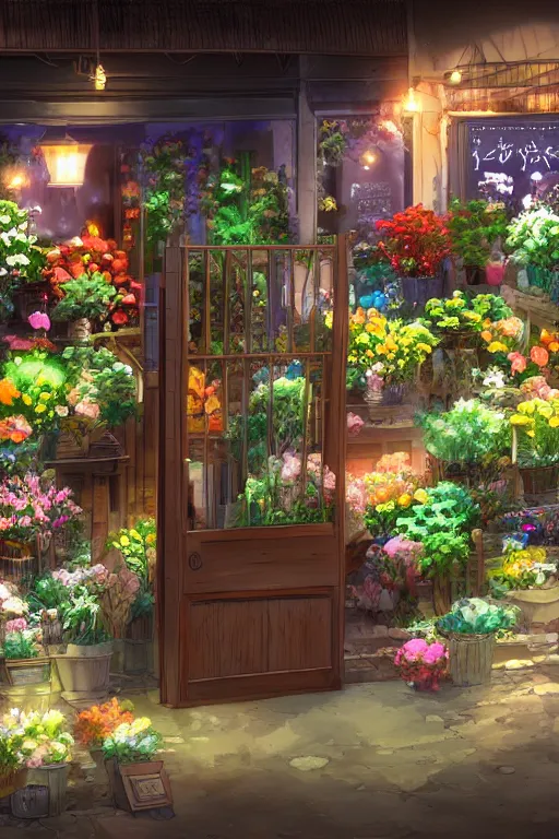 Prompt: a little flower shop's front gate, refreshing, digital illustration, pixiv, dramatic lighting