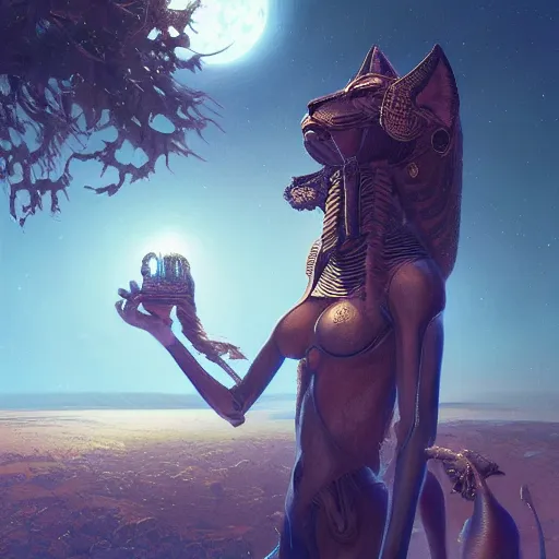 Image similar to highly detailed portrait of sekhmet the egyptian lion goddess, intricate alien technology, stephen bliss, unreal engine, fantasy art by greg rutkowski, loish, rhads, ferdinand knab, makoto shinkai and lois van baarle, ilya kuvshinov, rossdraws, tom bagshaw, global illumination, radiant light, detailed and intricate environment