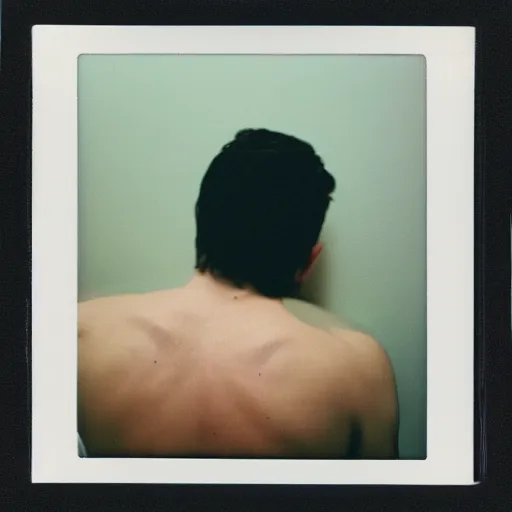 Image similar to soft polaroid photo of man that just woke up and lying in his bed, cinestill 800t, wide angle lens