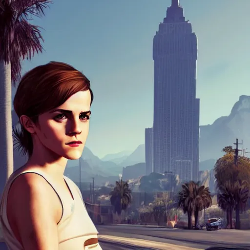 Image similar to emma watson in gta v, cover art by stephen bliss, artstation, no text