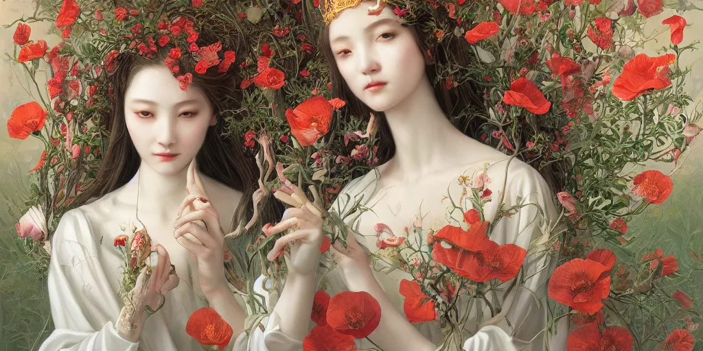 Image similar to breathtaking detailed concept art painting of the goddess of poppy flowers, orthodox saint, with anxious, piercing eyes, ornate background, amalgamation of leaves and flowers, by hsiao - ron cheng and john james audubon and miho hirano, extremely moody lighting, 8 k