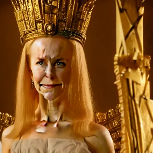 Prompt: cinematic scene with a twenty year old nicole kidman on a majestic throne as the goddess of war, dramatic, small details, volumetric lighting, still frame