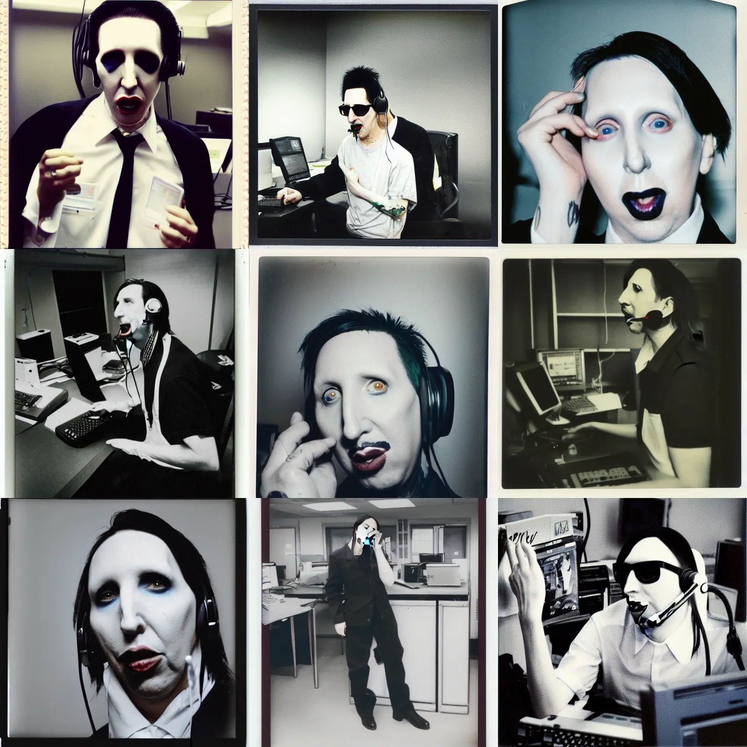 Prompt: Marilyn Manson, working in a call center, polaroid photograph, 4k