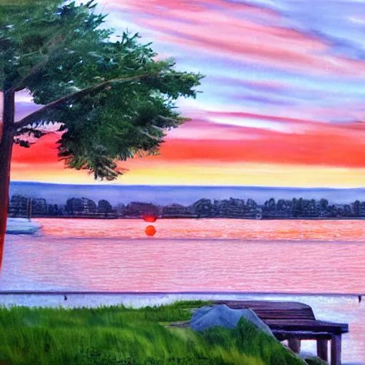 Image similar to sunset, harbor, trees, hyper - realistic,