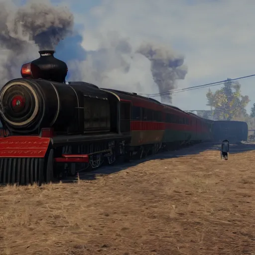 Image similar to futuristic sleek steam locomotive in red dead redemption 2