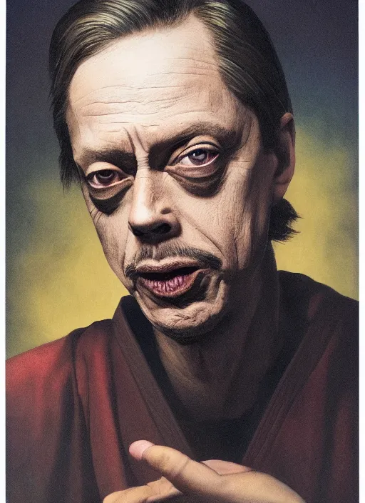 Prompt: steve buscemi as a samurai, in clouds, portrait by greg hildebrandt, studio lighting, muted colors, by terry richardson, by frank frazetta, extreme detail, reflections, trending on artstation, 8 k
