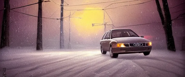 Image similar to Audi A4 B6 Avant (2002), a gritty neo-noir, dramatic bright lighting, cinematic, establishing shot, extremely high detail, photorealistic, cinematic lighting, artstation, by simon stalenhag, Snowy italian road, Snowy Apennines, At night, Poets of the Fall - Late Goodbye