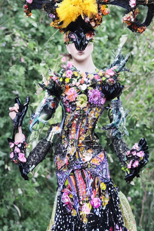 Image similar to ornate cyber avant garde headpiece, spring ritual floral dress, teen girl esoteric fantastical fashion zine