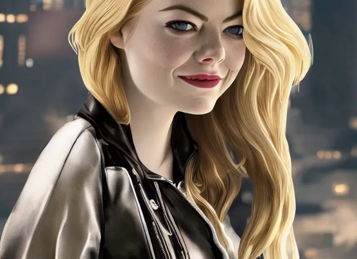 Image similar to Emma stone is gwen stacy spider man, spider woman, Emma stone with blond hair, blond, full body photo, in gwen stacy spider suit, white spider suit, smooth face, posing for camera, cinematic, epic background action pose, hyper realism, artstation, 8k, photoshoot
