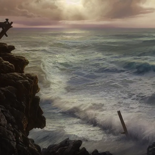 Prompt: a highly detailed matte painting of a large cross standing on the beach as a storm comes in with the tide, epic fantasy, god rays, rocky beach, ultrawide lense, aerial photography, unreal engine, exquisite detail, 8 k, art by greg rutkowski and alphonse mucha