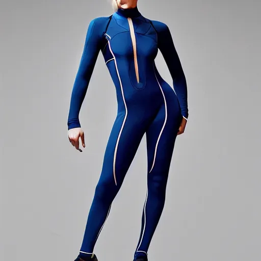 Image similar to athletic model wearing skintight dark blue catsuit with a see - through mesh stripe all the way up the left side, from her ankles to her neck