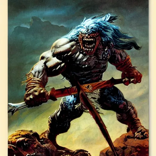 Prompt: Barbarian fighting monster by Frazetta