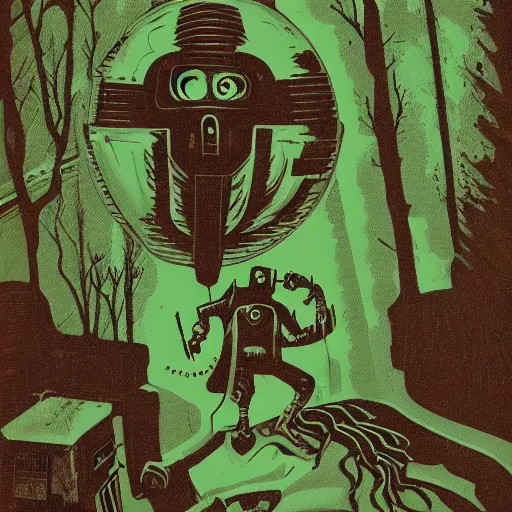 Prompt: Retro horror vintage sci-fi, 2D matte gouache illustration, dark green lush macabre woods, ornate, detailed, majestic