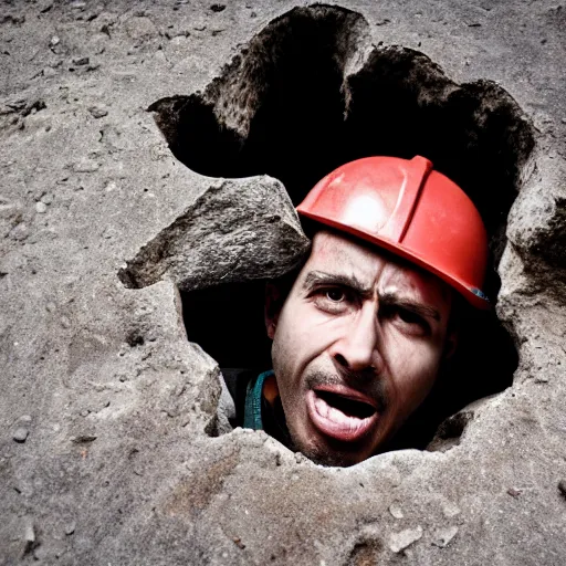 Prompt: man stuck in hole in rock fave, psychological horror