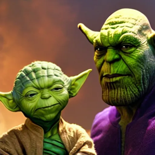 Prompt: photo of thanos sleeping in bed next to yoda