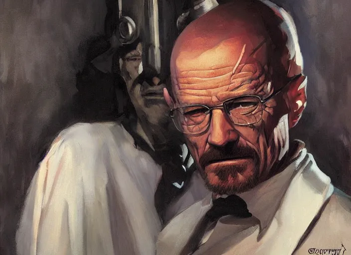 Image similar to a highly detailed beautiful portrait of walter white wearing a vampire costume, by gregory manchess, james gurney, james jean