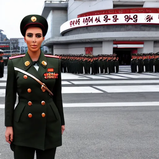 Prompt: professional photograph of kim kardashian wearing a north korean military dress uniform and standing in a busy street in pyongyang, 8 k, very detailed, very intricate,