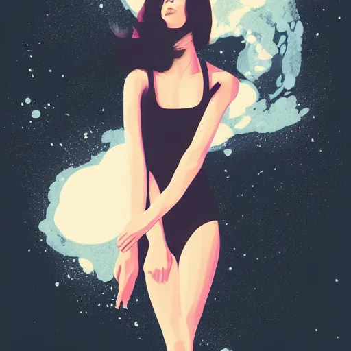 Image similar to a woman floating in space by ilya kuvshinov, digital art, smooth lines