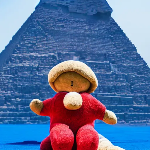 Prompt: blue'snappy gifts'human - sized plush doll, at the pyramids in egypt, holding gift, happy atmosphere, high detail, soft lighting, 8 k