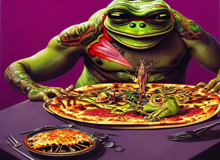 Prompt: hyper realistic detailed image of a heavy tattooed pepe the frog in punk clothes in mid 7 0 s italian restaurant eating bug pizza with grilled rainbow and drinking doom juice, by ayami kojima, amano, beksinski, greg hildebrandt, and mark brooks, mystical, renaissance color palette, cinematic light, long cinematic shot, extremely detailed, very coherent symmetrical artwork