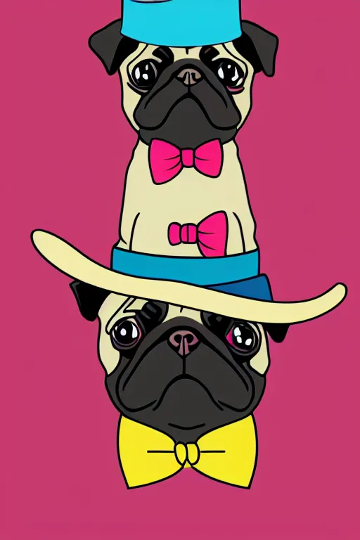 Prompt: A portrait of a pug with a top hat, sticker, colorful, illustration, highly detailed, smooth and clean vector curves, no jagged lines, vector art, smooth