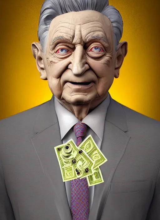 Prompt: colourful caricature - 3 d vfx art - portrait of a george soros with money all around hime, art style by james jean & hsiao - ron cheng, character concept art, unreal engine render, digital illustration, sharp, intricate detail, volumetric light, ray tracing, soft light, symmetric, pinterest, artstation, behance,