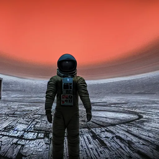 Prompt: astronaut standing in front of an eerie alien cathedral on a dystopian planet with a vortex made of obsidian floating in the red sky above, realistic