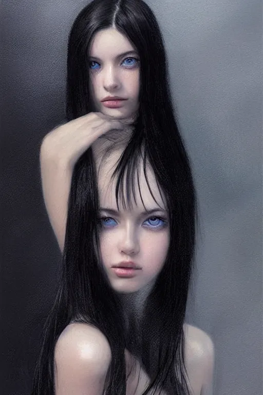 Image similar to portrait of teenage girl with glossy black hair, blue eyes, glowing porcelain skin, fashion model features, dar!dream portrait of teenage girl with glossy black hair, blue eyes, glowing porcelain skin, fashion model features, dark academia, intricate, elegant, highly detailed, digital painting, artstation, concept art, smooth, sharp focus, illustration, art by Krenz Cushart and Artem Demura and alphonse mucha