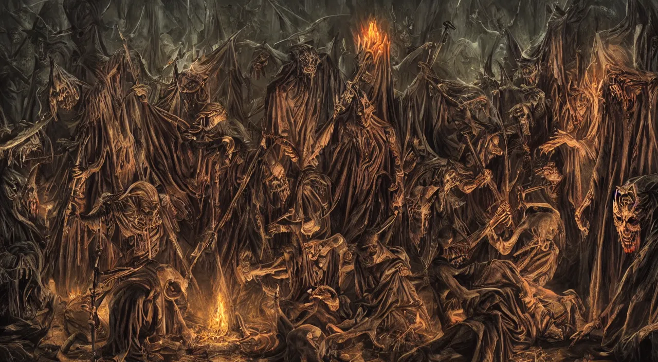 Image similar to grim painting of evil occult ritual with hooded cult members, folklore, demonic shrine, ultra realistic, concept art, intricate details, eerie highly detailed