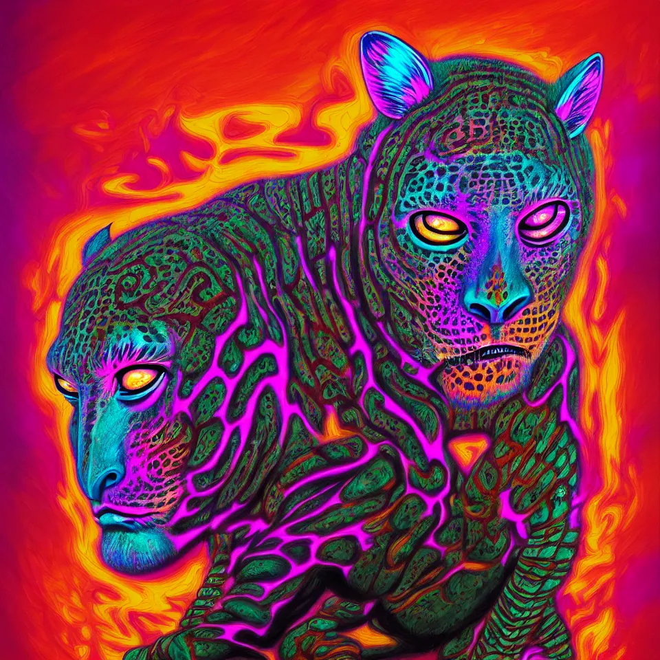 Prompt: bright psychedelic empty apartment, mayan jaguar warrior sleeping, diffuse lighting, fantasy, intricate, elegant, highly detailed, lifelike, photorealistic, digital painting, artstation, illustration, concept art, smooth, sharp focus, art by francis bacon