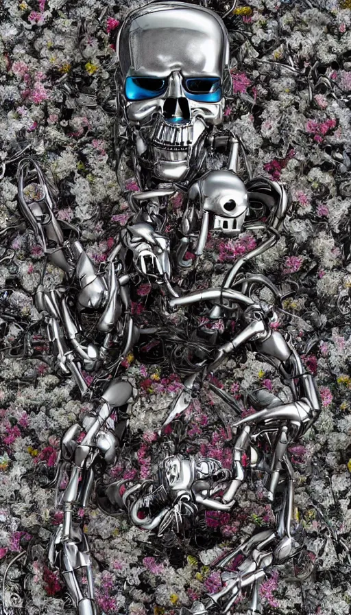 Image similar to destroyed terminator lying in a field of flowers, twisted metal, chrome, reflections, anthropomorphic, photorealism, smoke, metal, 8 k, surreal, wires, smooth, sharp focus, top view, extremely detailed, hyperrealism, elegant, establishing shot, by jeff koons, artgerm and greg rutkowski