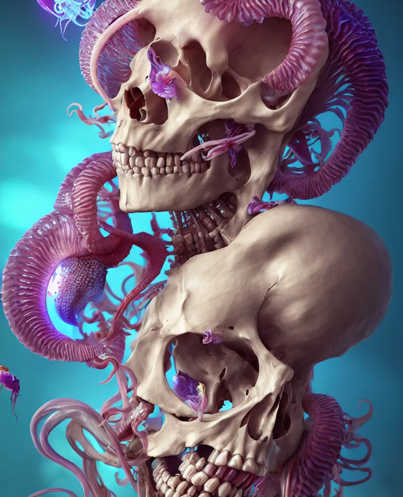 Image similar to goddess close - up portrait human skeleton, ram skull, squid phoenix jellyfish, orchid, betta fish, bioluminiscent, intricate artwork by tooth wu and wlop and beeple. octane render, trending on artstation, greg rutkowski very coherent symmetrical artwork. cinematic, hyper realism, high detail, octane render, 8 k